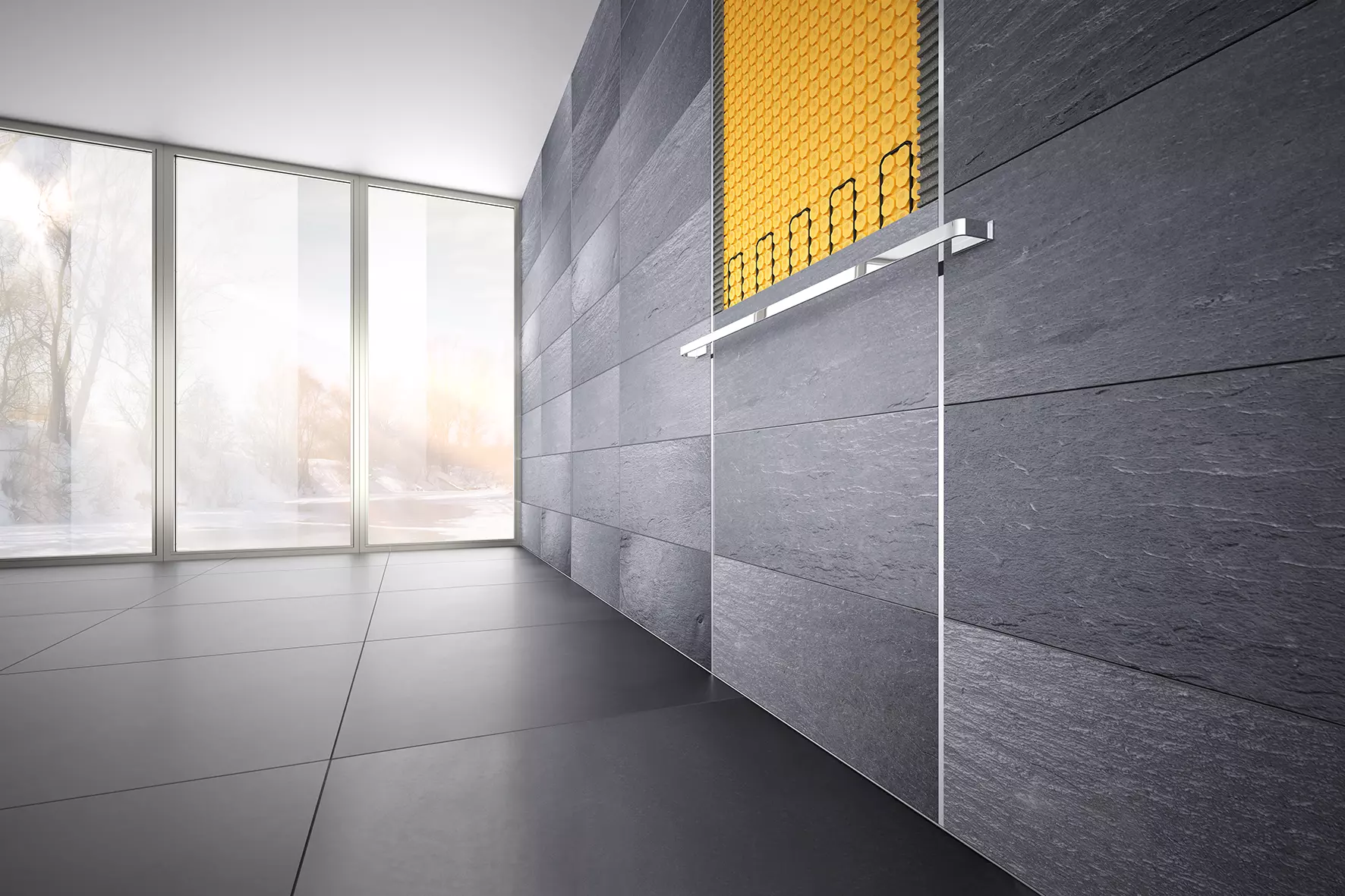 Superficie de pared con baldosas de gran tama&ntilde;o y vista detallada de la calefacci&oacute;n de pared Schl&uuml;ter-DITRA-HEAT.