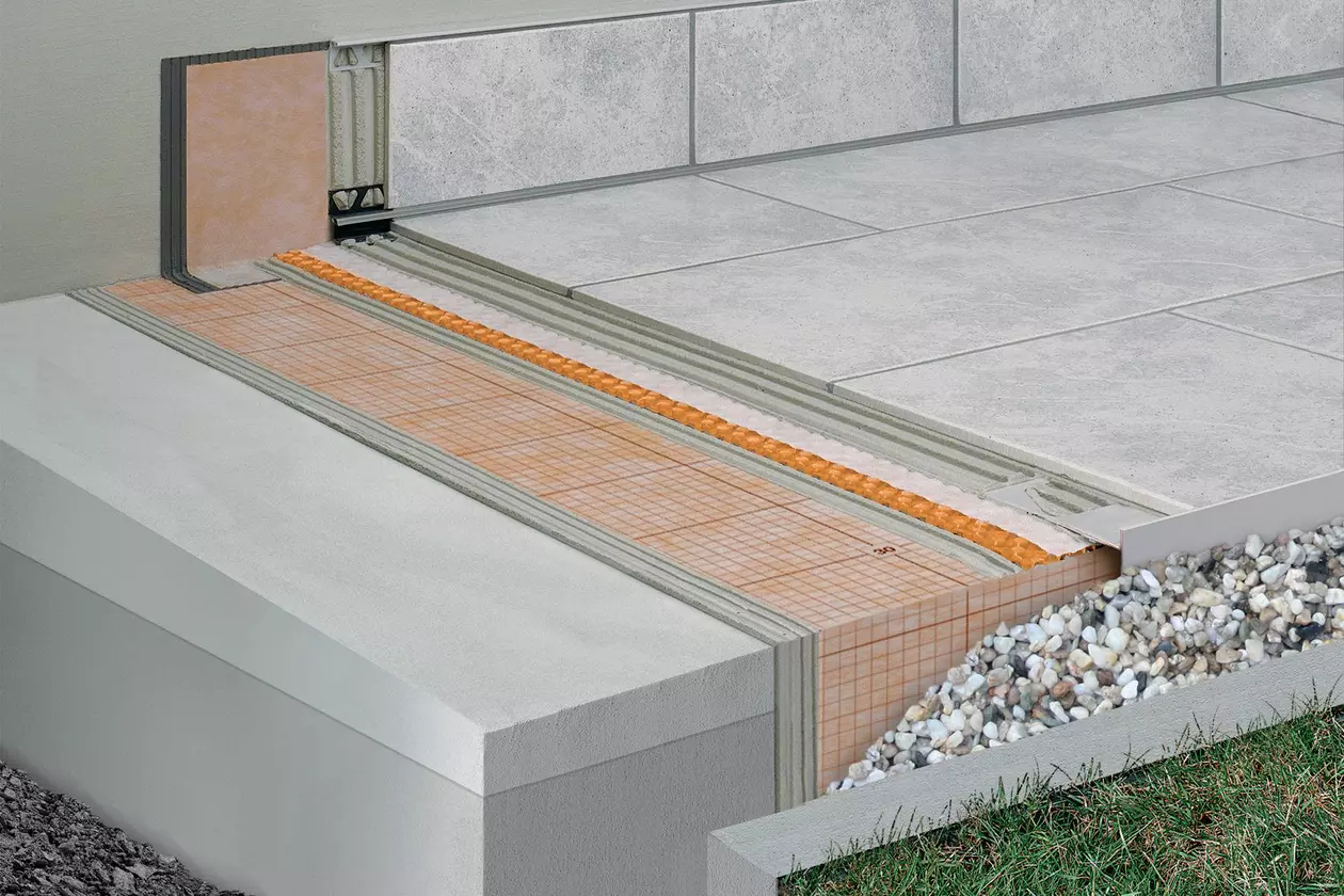 Schl&uuml;ter-Systems terrace assembly B.2 with DITRA-DRAIN for bonded drainage and bonded uncoupling over KERDI bonded waterproofing