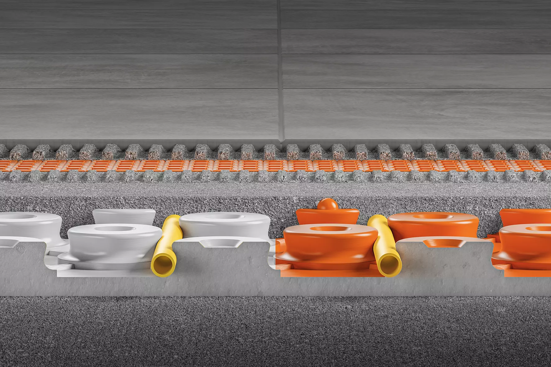 Laagopbouw van de Schl&uuml;ter-BEKOTEC-EN-dekvloernoppenplaat met steengrijze, keramische bedekking