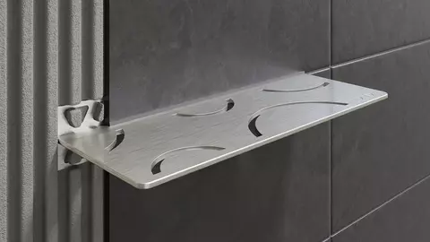 Tiled shower wall with Schl&uuml;ter-SHELF installed in the joint