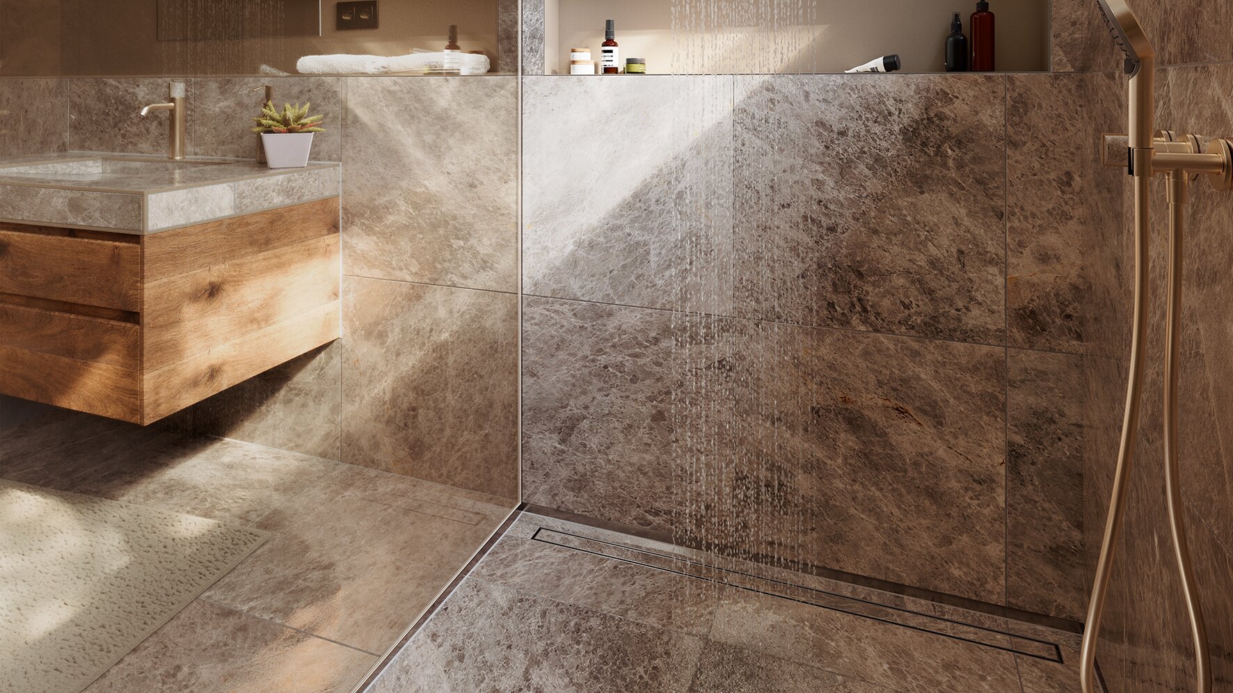 Coin de douche moderne au ras du sol avec paroi de s&eacute;paration en verre, carrelage marbr&eacute; brun et caniveau de douche KERDI-LINE-TF pouvant &ecirc;tre carrel&eacute;