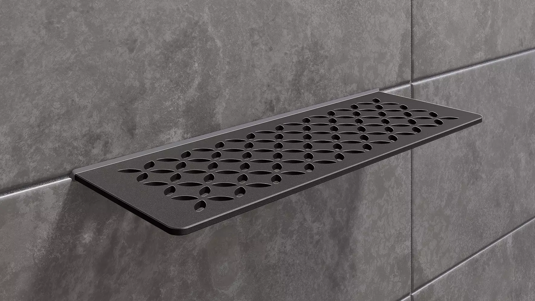 Schl&uuml;ter-SHELF en acabado antracita oscuro TSDA es un estante de pared decorativo texturizado para baldosas de cer&aacute;mica y piedra natural.