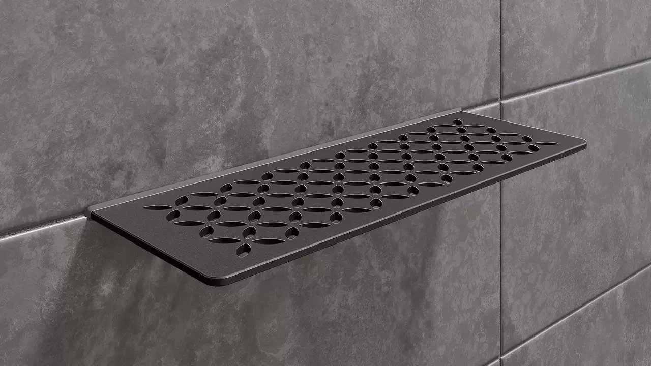 Schl&uuml;ter-SHELF de couleur TSDA gris fonc&eacute; est une tablette murale d&eacute;corative en finition structur&eacute;e pour carreaux et pierre naturelle