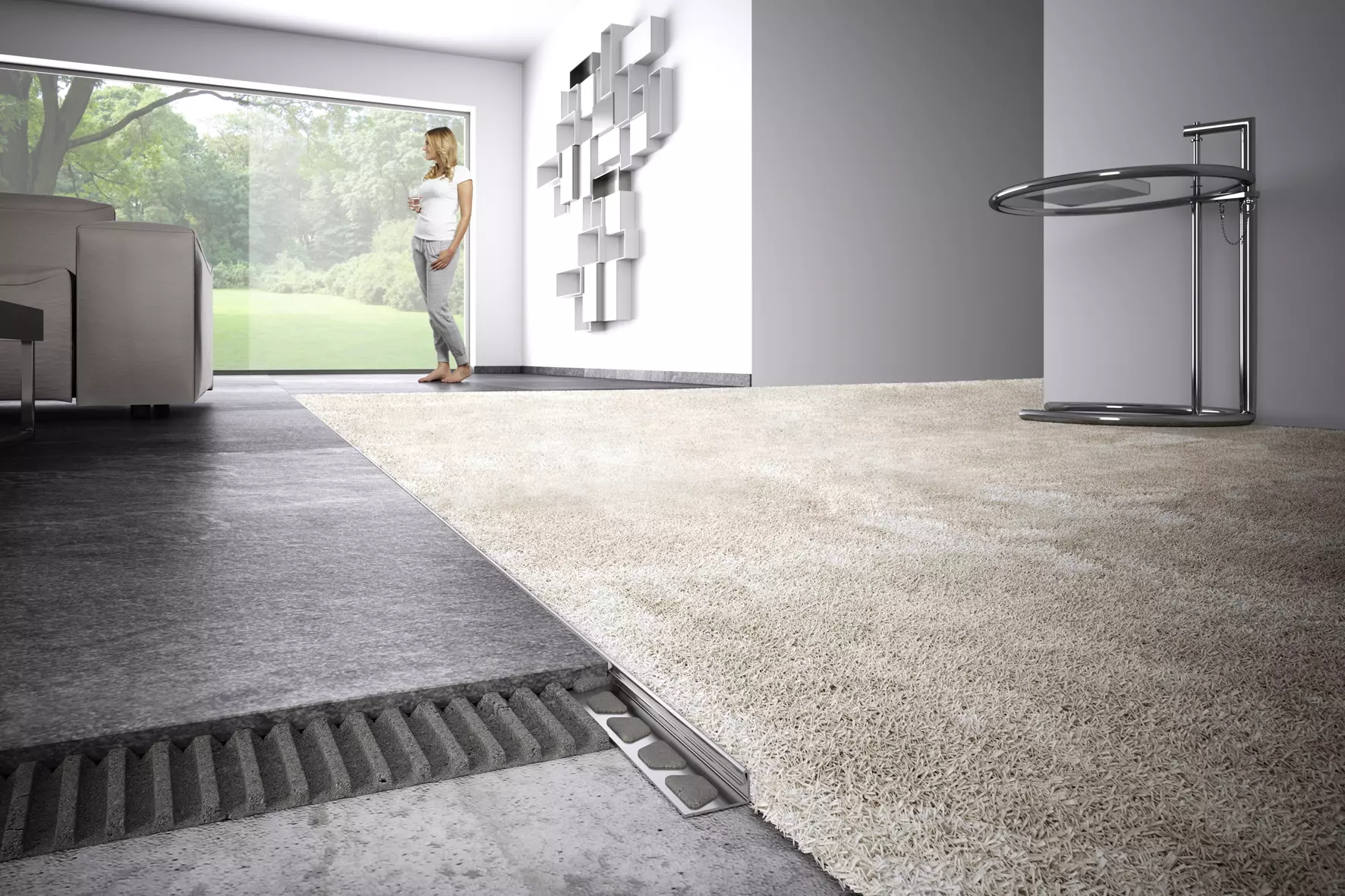 Sistema constructivo del pavimento de un sal&oacute;n con el perfil de remate Schl&uuml;ter-SCHIENE.