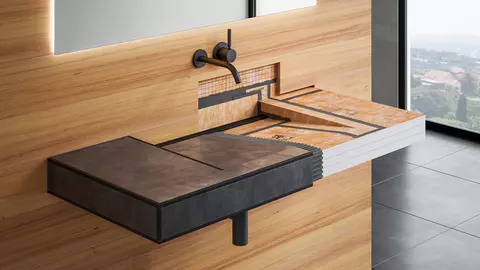 Aan de wand bevestigde wastafel van Schl&uuml;ter-KERDI-BOARD constructieplaten met zwarte tegels aan &eacute;&eacute;n kant