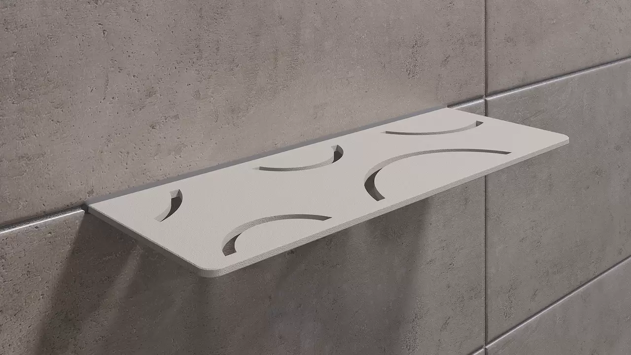 Schl&uuml;ter-SHELF de couleur TSBG gris beige est une tablette murale d&eacute;corative en finition structur&eacute;e pour carreaux et pierre naturelle