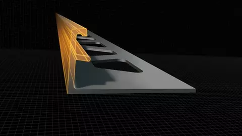 In einem geometrischen Querschnitt des Abschlussprofils Schl&uuml;ter-SCHIENE vor schwarzem Hintergrund ist der spezielle Fugensteg des Profils in Orange hervorgehoben