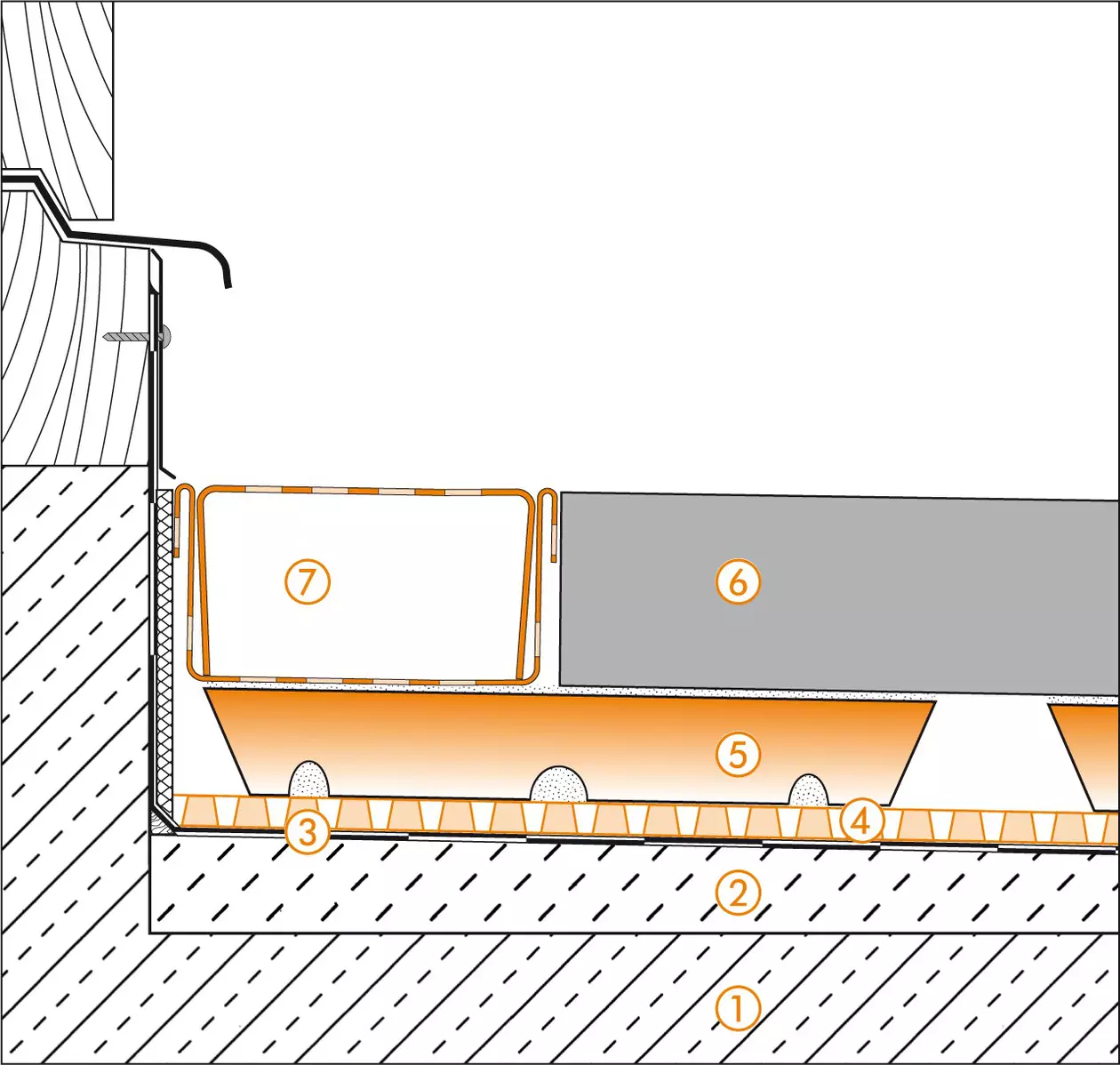 Schl&uuml;ter-Systems section drawing of the door transition for balcony assembly A.7 Covering assembly with TROBA-STELZ mortar rings