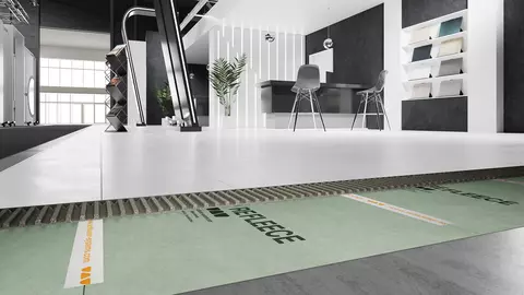 Vloeropbouw op een beurs met Schl&uuml;ter-REFLEECE als plaatsingsondergrond voor tijdelijke vloerbekledingen.