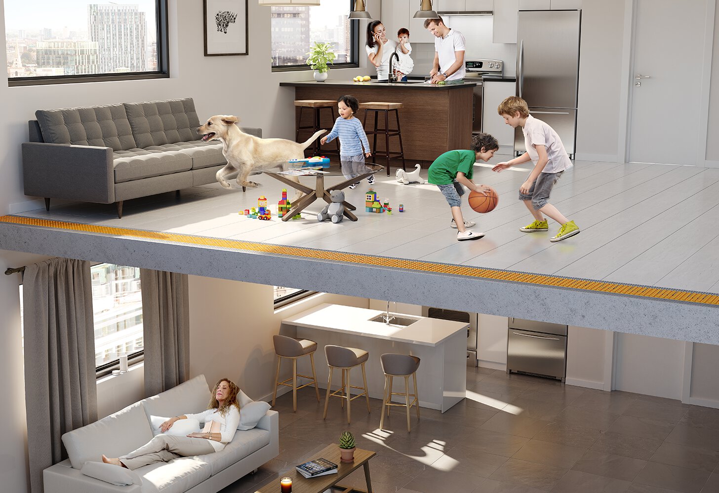 Deux condos superposés avec famille active et personne seule tranquille séparée avec le Ditra-Heat-DUO au sol