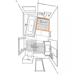 Plan d'une salle de bains avec douche accessible et surface de mouvement de 1,2 m&egrave;tre sur 1,2 m&egrave;tre
