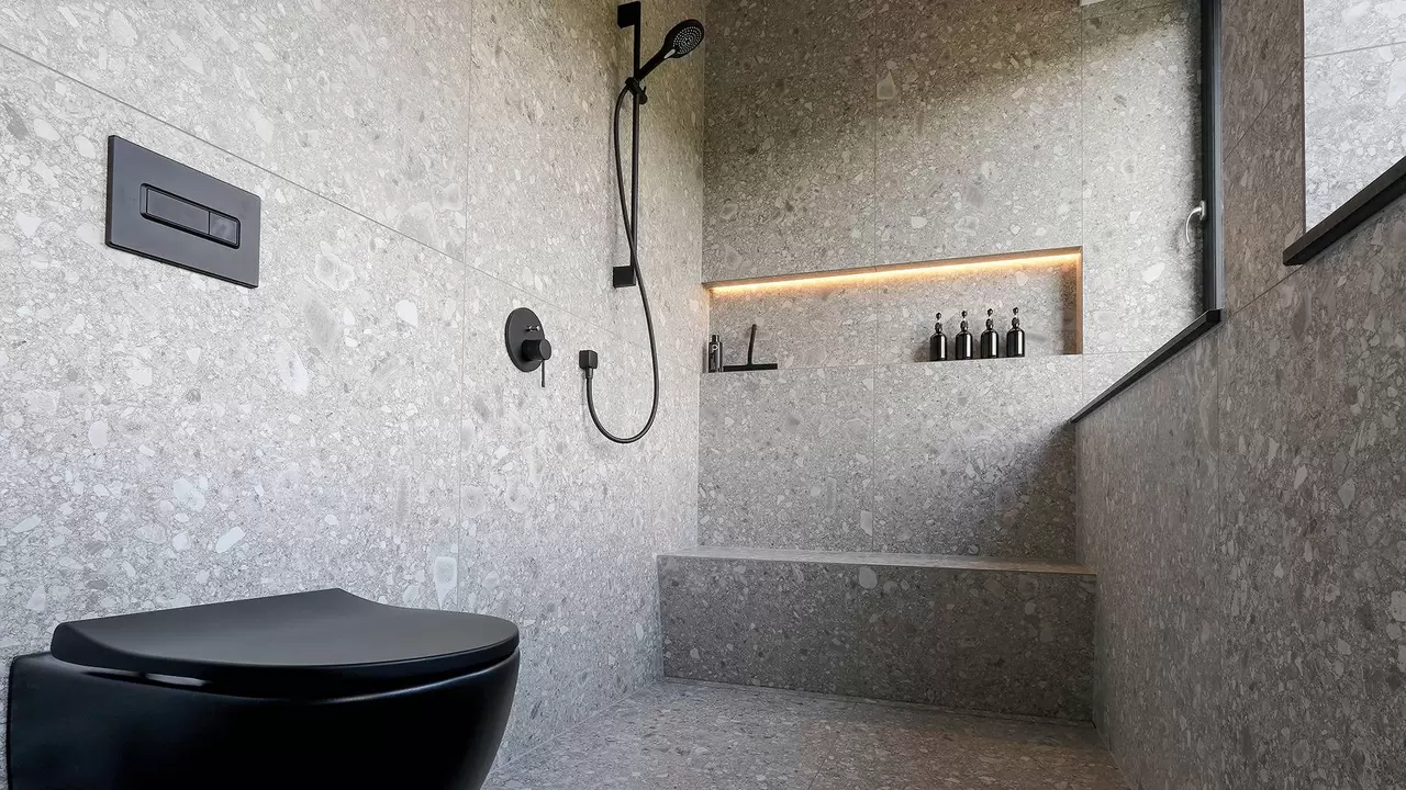 Ducha a nivel de suelo con hornacina iluminada y sanitarios