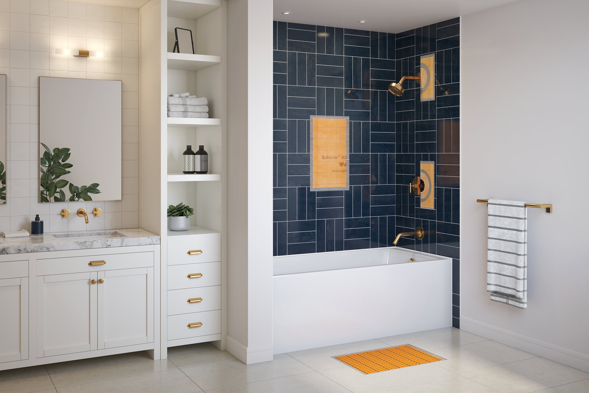 Grande salle de bain avec accents dorés incluant un bain encastré et une vanitée blanche avec miroir
