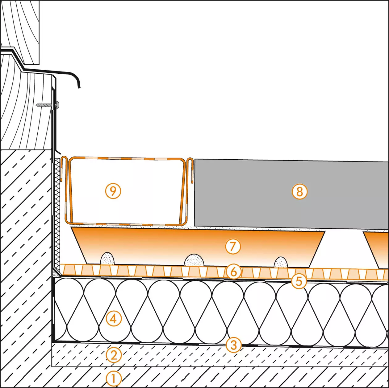 Schl&uuml;ter-Systems Schnittzeichnung des T&uuml;ranschlusses f&uuml;r Dachterrassenaufbau C.7 Belagskonstruktion mit TROBA-STELZ-M&ouml;rtel-Ringen