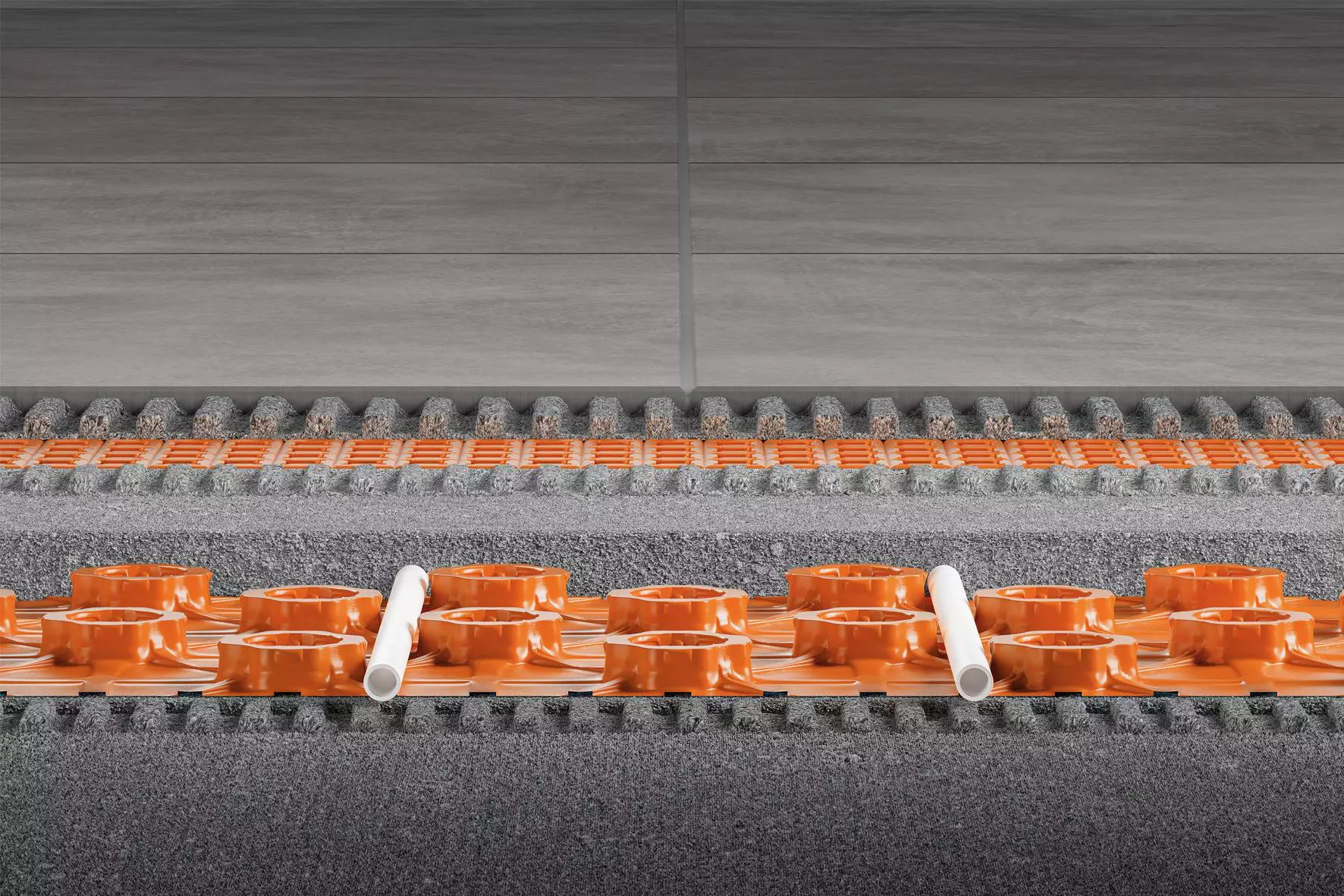 Laagopbouw van de Schl&uuml;ter-BEKOTEC-EN-FK-dekvloernoppenplaat met steengrijze, keramische bedekking