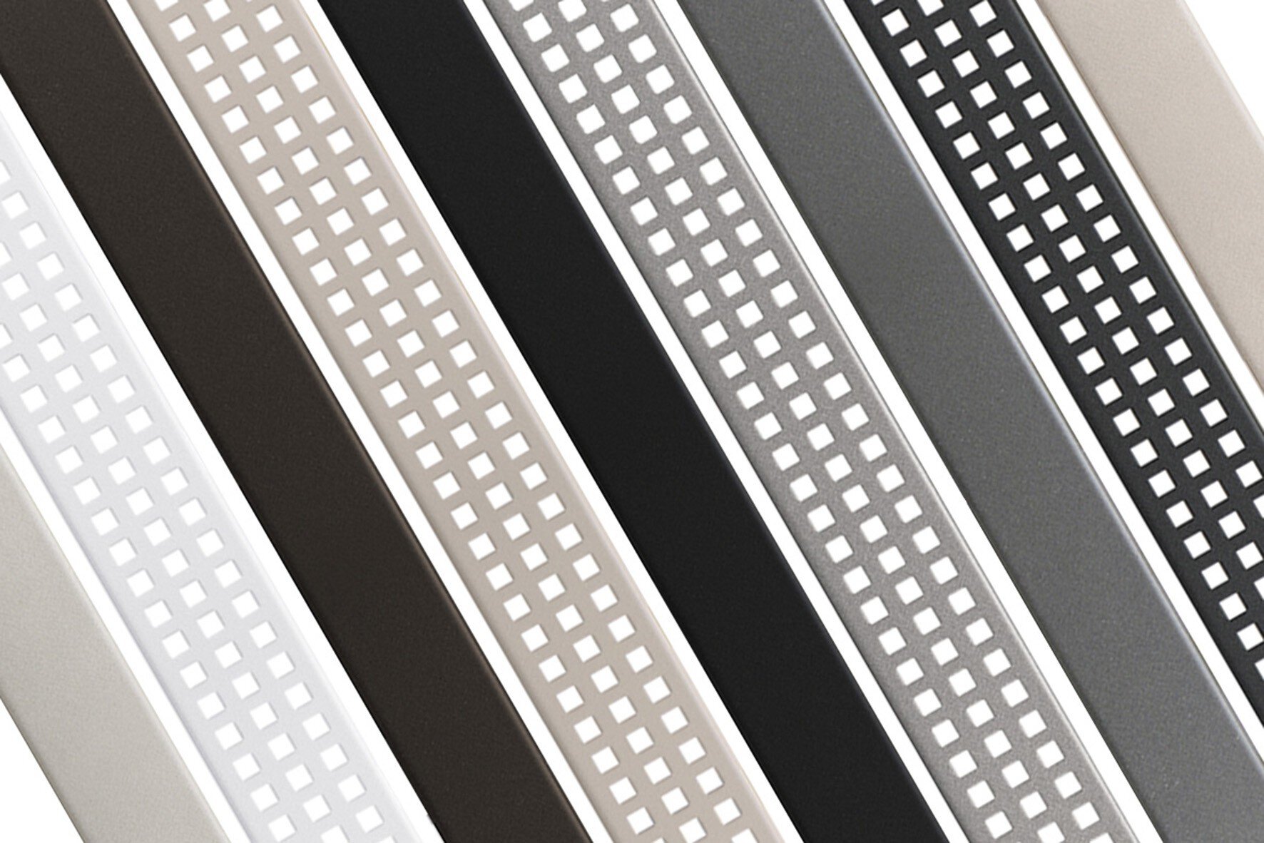 Grilles de caniveau KERDI-LINE-VARIO présentées dans une multitude de couleurs et finitions avec divers designs esthétiques.