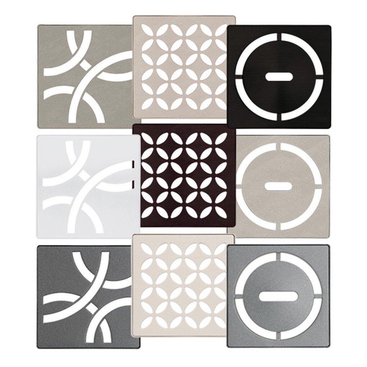 Une présentation de 9 grilles carrées KERDI-DRAIN de couleurs et designs variés.