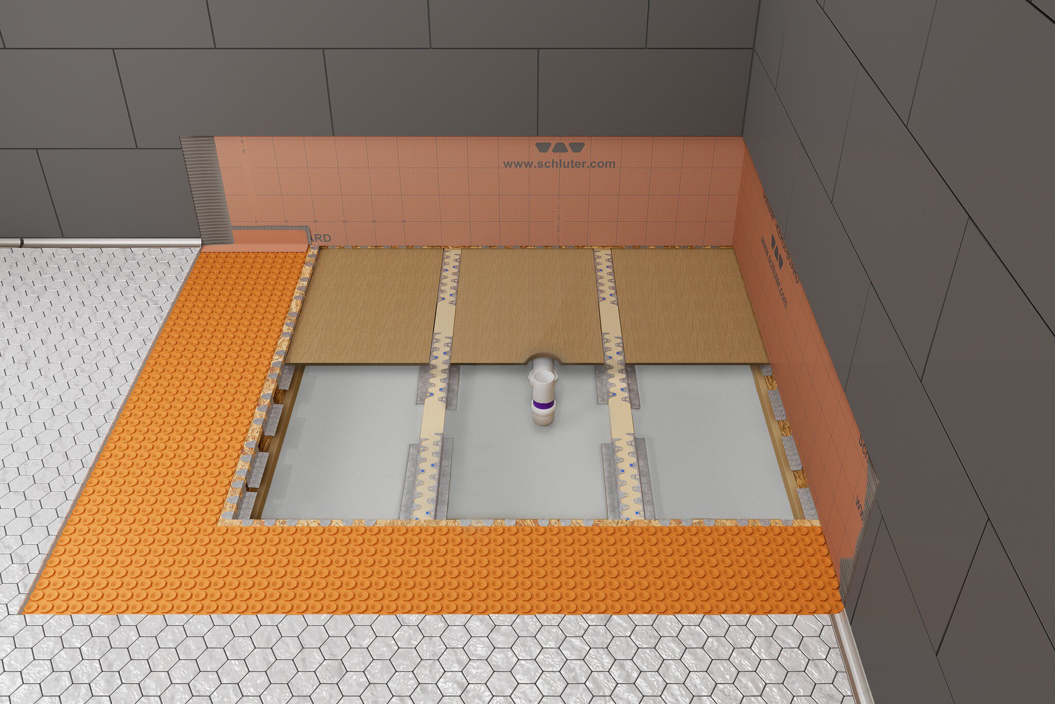 Schluter Systems KERDI-SHOWER-FRS brackets and recessed subfloor with a center point drain for a curbless shower