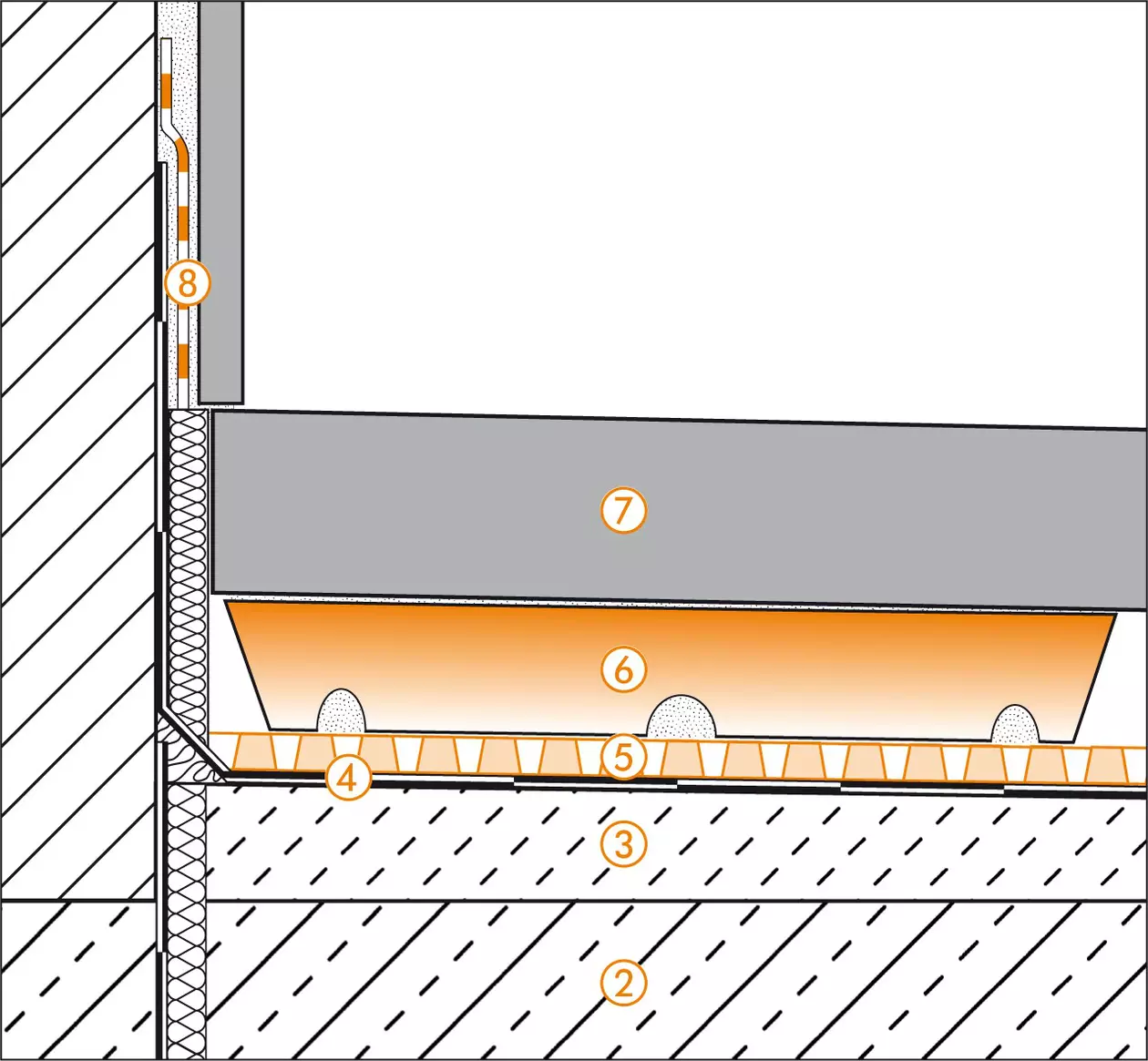 Schl&uuml;ter-Systems section drawing of the wall connection detail for terrace assembly B.7 Covering assembly with TROBA-STELZ mortar rings