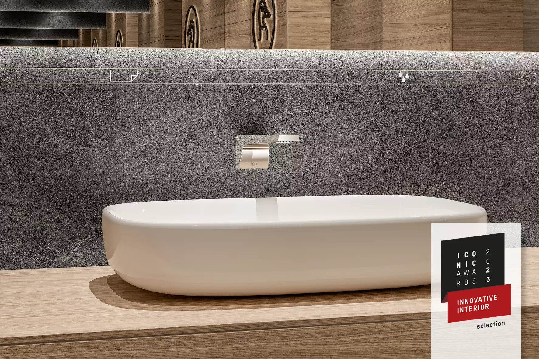 Tv&auml;ttst&auml;ll med profil med tryck ur serien MyDesign by Schl&uuml;ter-Systems, l&auml;ngst ned t.h.: logotypen f&ouml;r ICONIC AWARDS.