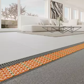 Modern&iacute; světl&yacute; ob&yacute;vac&iacute; prostor vyt&aacute;pěn&yacute; syst&eacute;mem DITRA-HEAT-E.