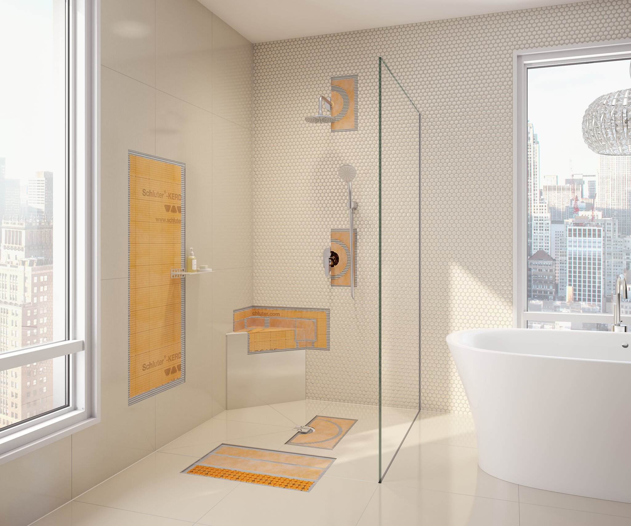 Une salle de bain carrelée moderne avec une douche sans seuil présentant des découpes sur les murs et les sols pour mettre en valeur les différents produits d'étanchéité Schluter