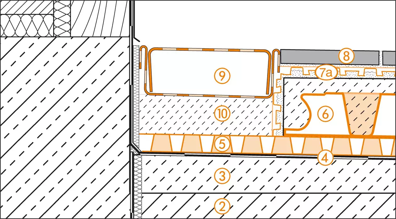 Schl&uuml;ter-Systems section drawing of the door transition for terrace assembly B.3 with DITRA-DRAIN for bonded drainage and bonded uncoupling over BEKOTEC-DRAIN screed on TROBA-PLUS drainage membrane