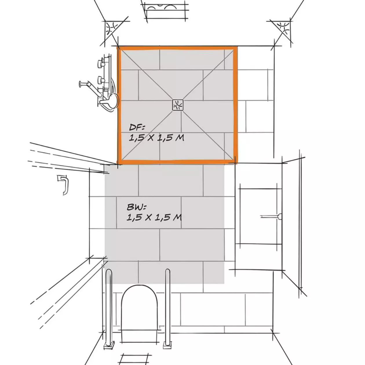 Grundriss eines rollstuhlgerecht geplanten Badezimmers