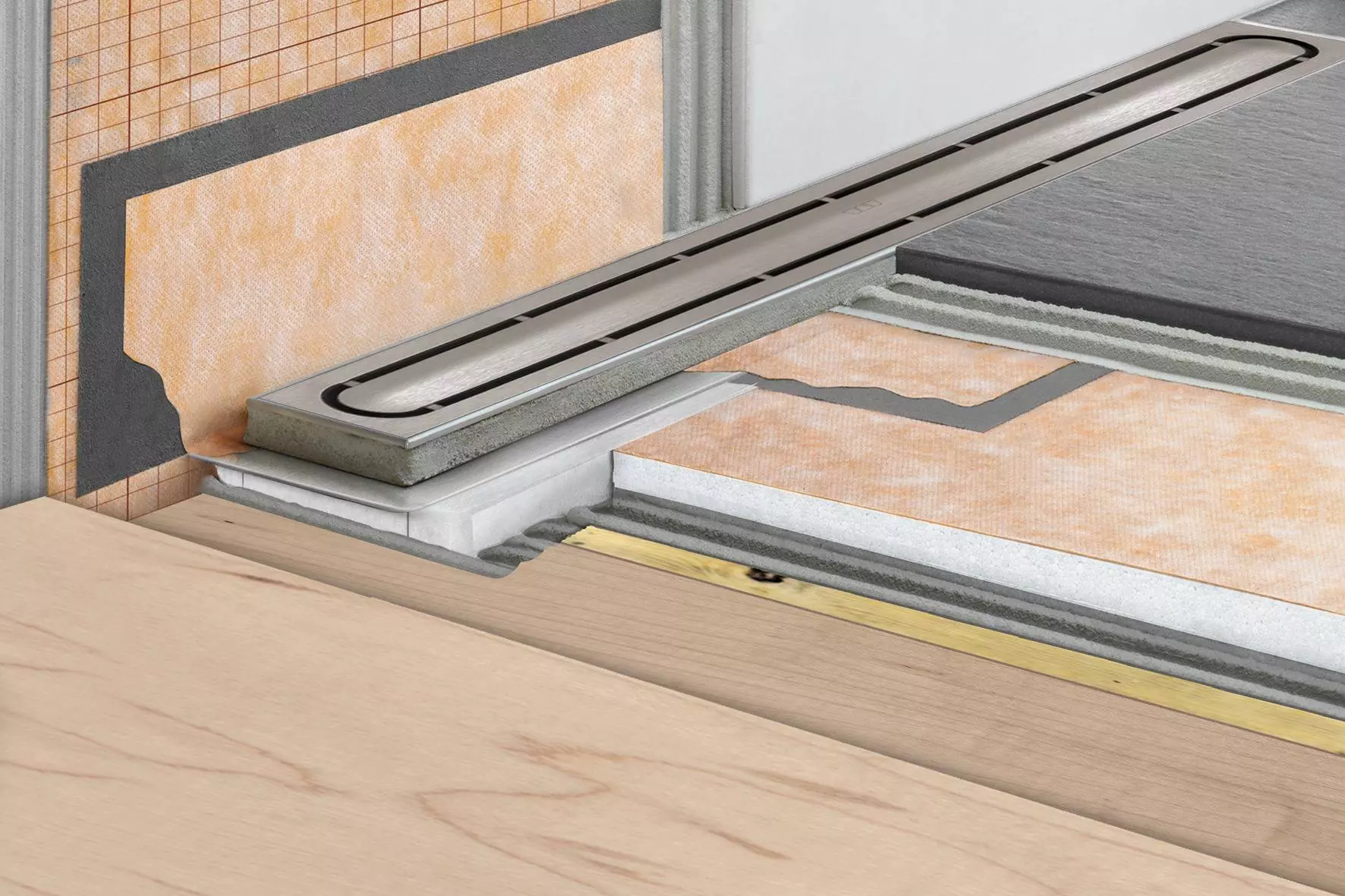 Cutaway image showing the layers that build up a shower drain including waterproofing, timber floor and drainage