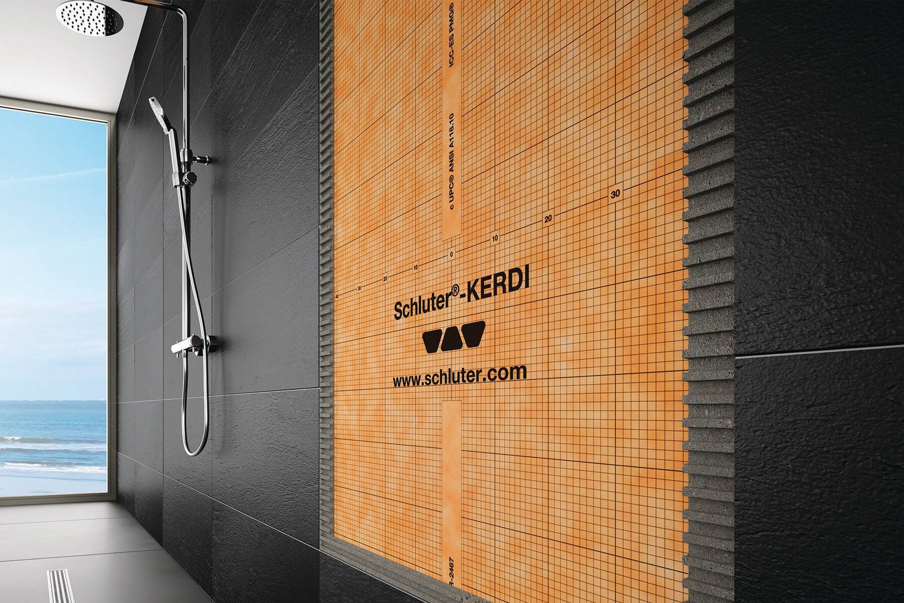 Long mur de douche avec application de la membrane Kerdi de Schluter