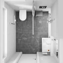 Barrierereduziertes Bad von oben mit WC, ebenerdiger Dusche und Waschtisch