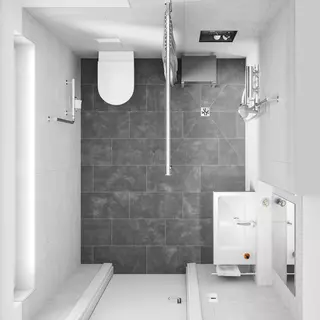 Barrierereduziertes Bad von oben mit WC, ebenerdiger Dusche und Waschtisch