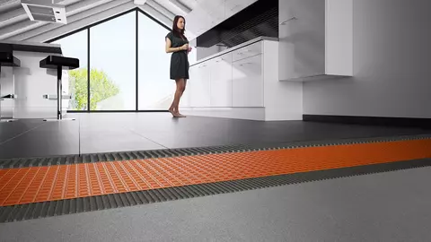 Csemp&eacute;zett &eacute;s Schl&uuml;ter&reg;-DITRA lemezzel ell&aacute;tott konyha padl&oacute;szerkezet&eacute;nek keresztmetszete