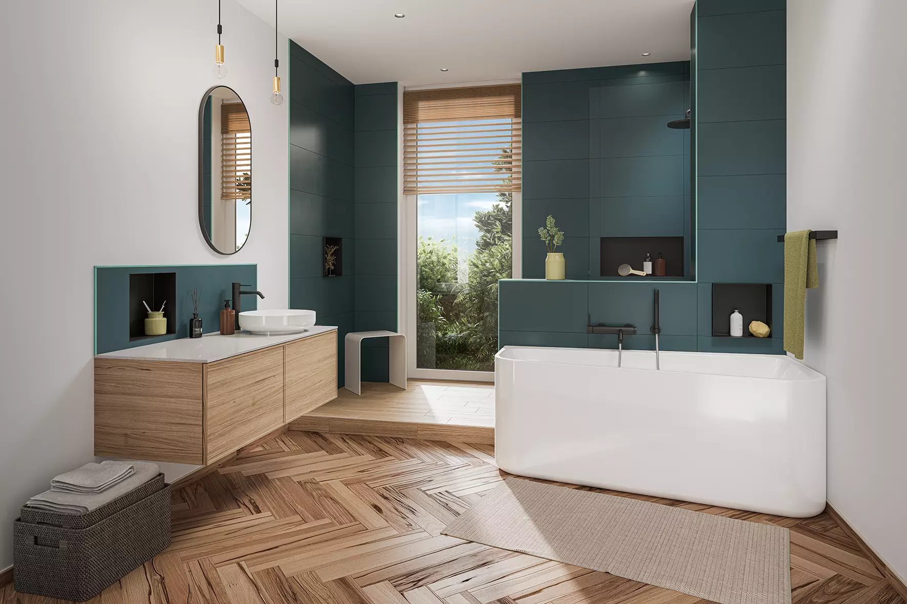 Moderne badkamer met wandtegels in petrol en vloertegels in houtlook