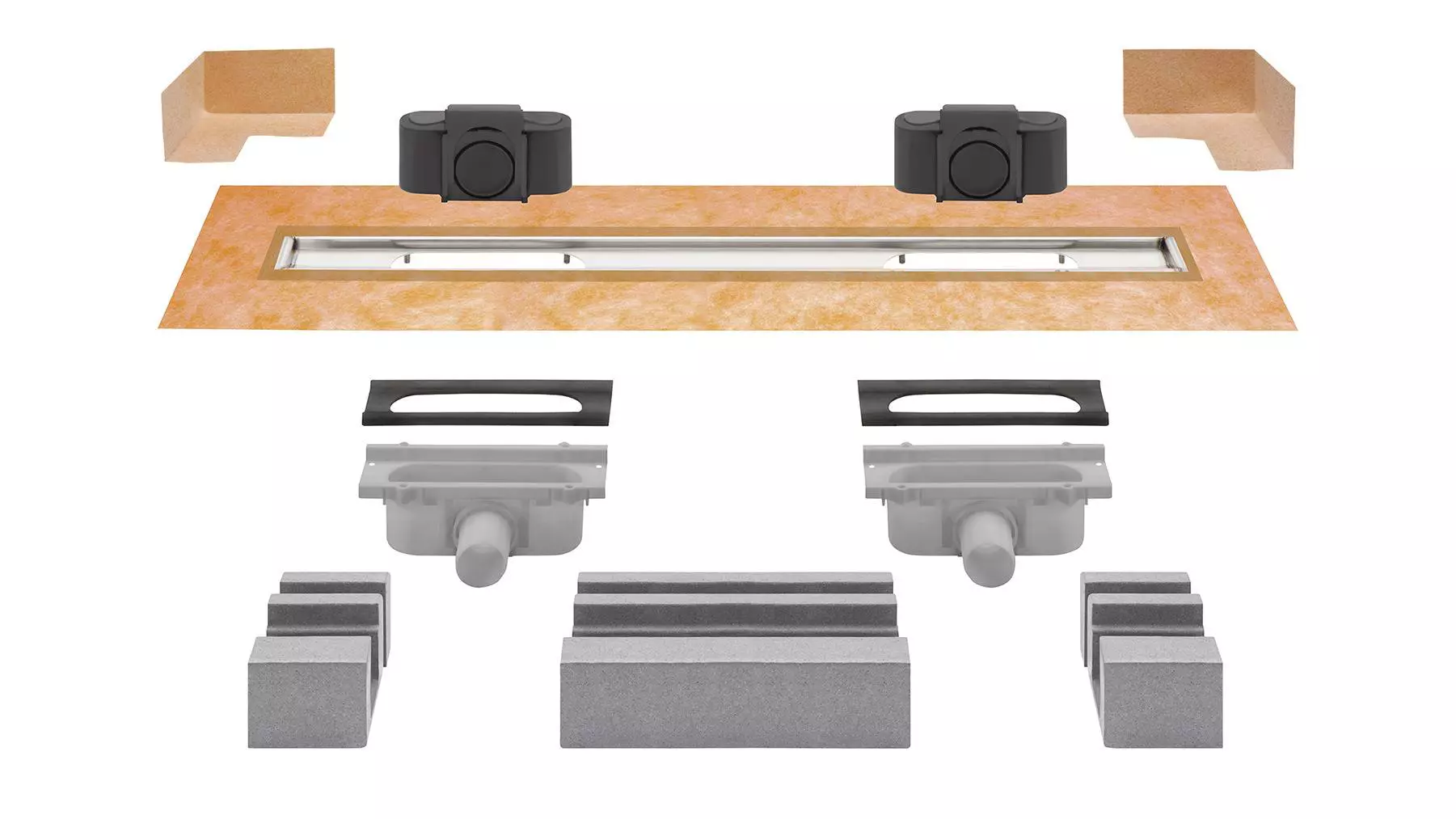 KERDI-LINE-G3 (dual outlet) set components including KERDI waterproofing, water trap/seal, drain body, polystyrene channel support and drainage channel