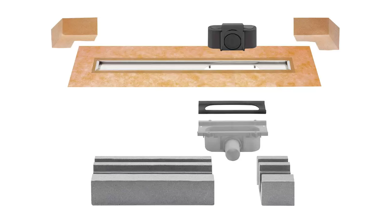 KERDI-LINE-G3 (outlet offset right) set components including KERDI waterproofing, water trap/seal, drain body, polystyrene channel support and drainage channel