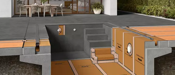 Ejemplo de construcci&oacute;n de una piscina exterior con productos de impermeabilizaci&oacute;n y drenaje de Schl&uuml;ter-Systems