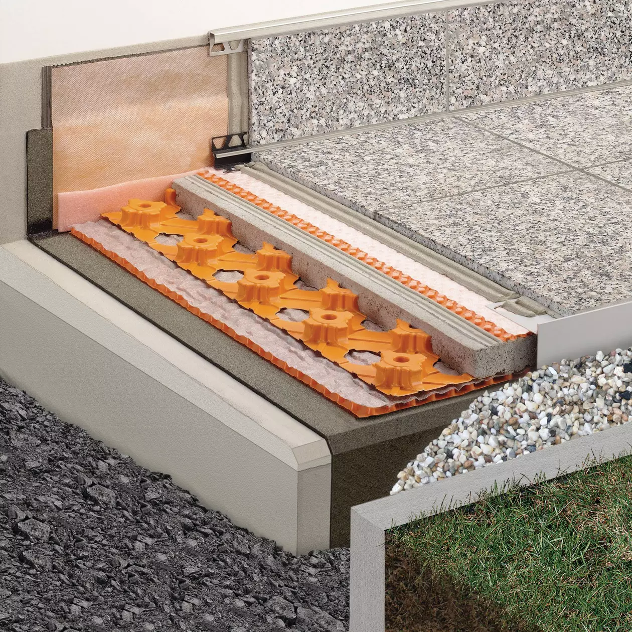 Schl&uuml;ter-Systems terrace assembly B.3 with DITRA-DRAIN for bonded drainage and bonded uncoupling over BEKOTEC-DRAIN screed on TROBA-PLUS drainage membrane
