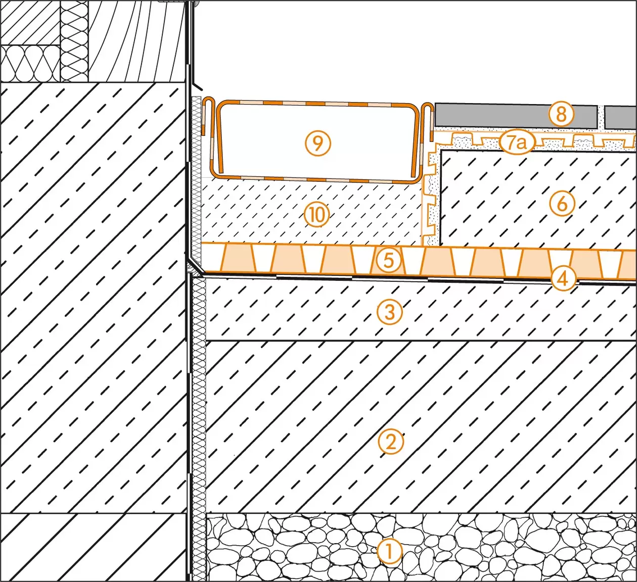 Dessin en coupe Schl&uuml;ter-Systems de la liaison de seuils de portes pour la structure de terrasse B.5 Structure de rev&ecirc;tement sur &eacute;tanch&eacute;it&eacute; conforme DIN 18531