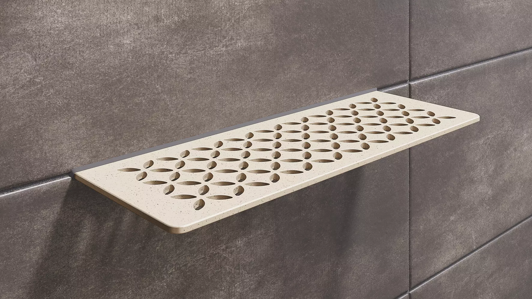 Schl&uuml;ter-SHELF en acabado marfil texturizado TSI es un estante de pared decorativo para baldosas de cer&aacute;mica y piedra natural.