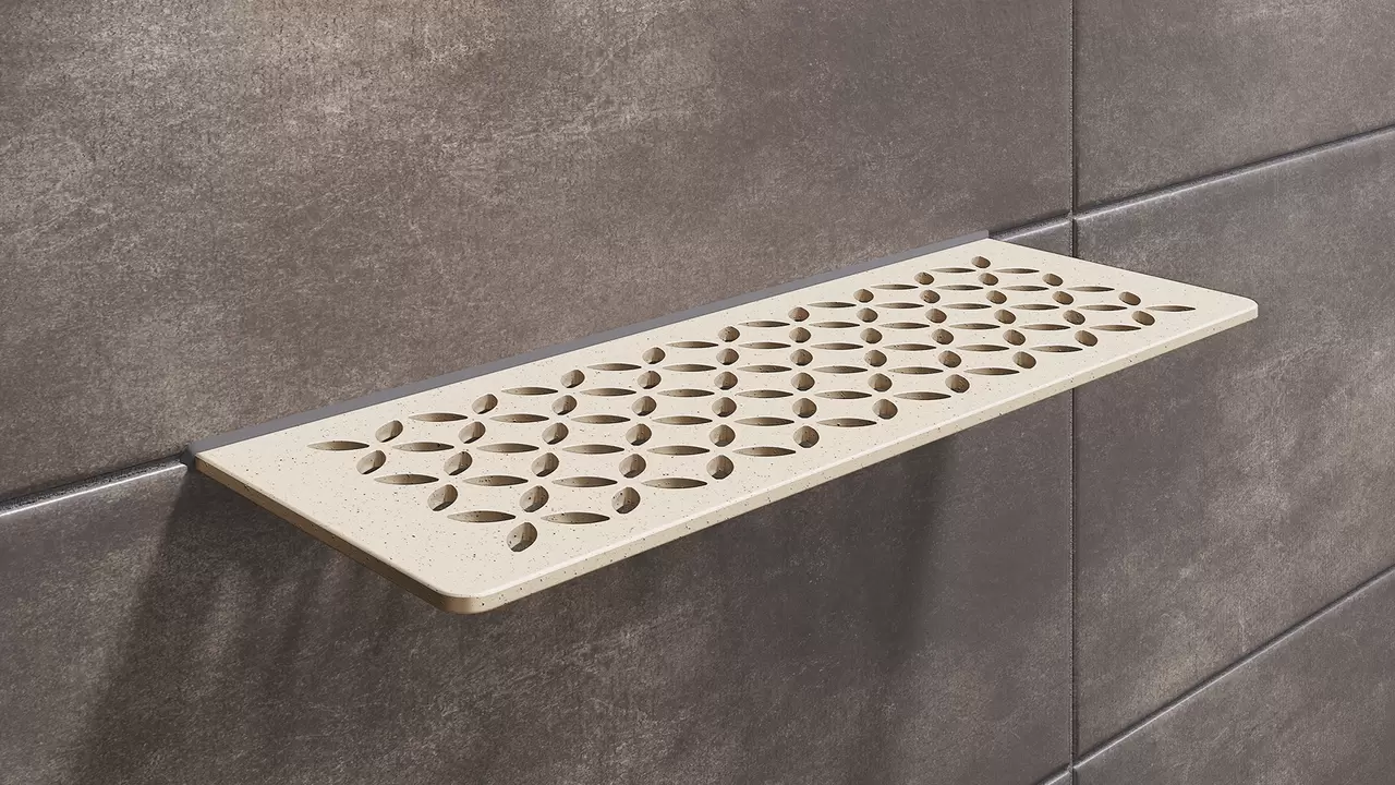 Schl&uuml;ter-SHELF de couleur TSI ivoire est une tablette murale d&eacute;corative en finition structur&eacute;e pour carreaux et pierre naturelle