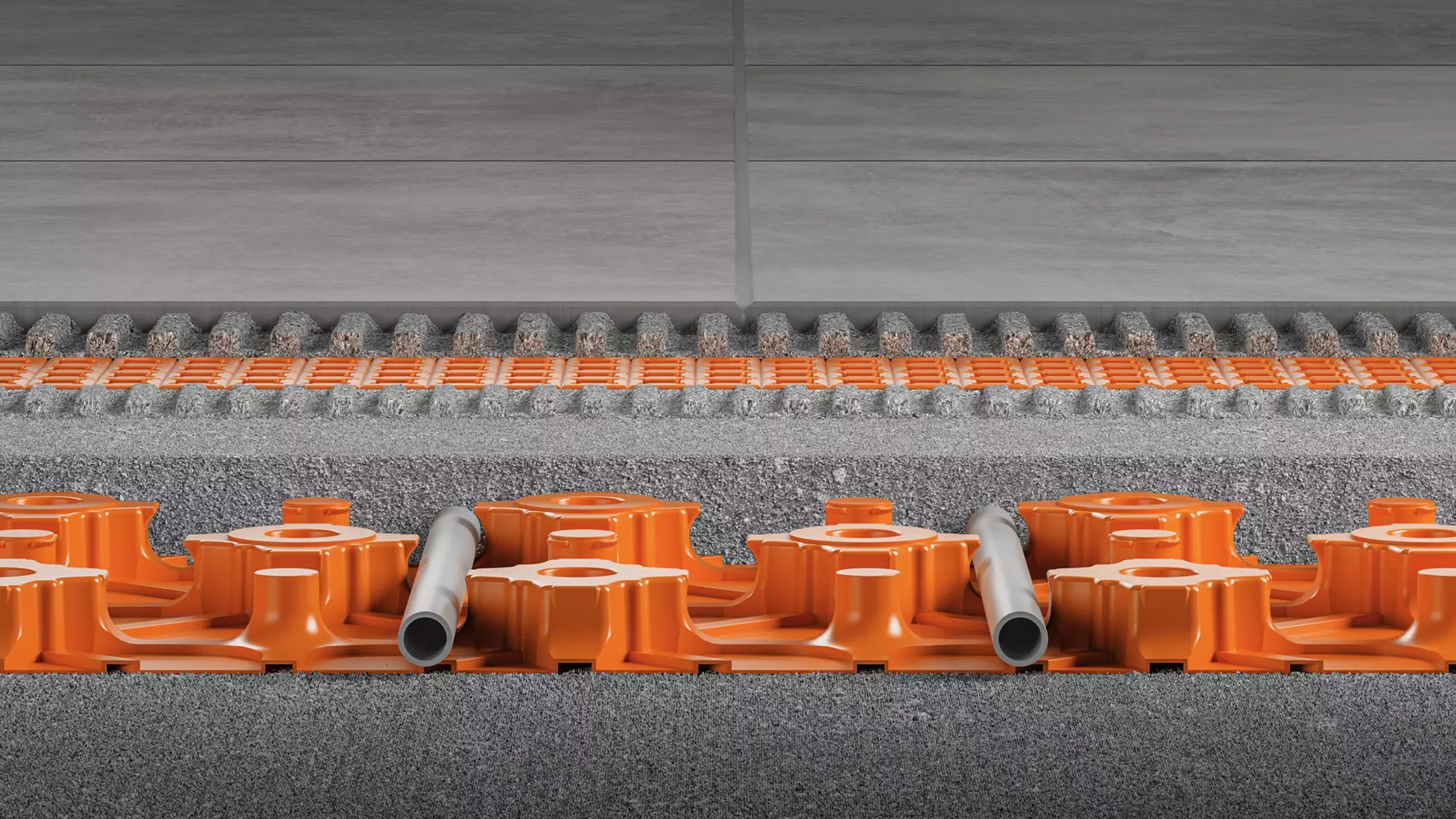 Dwarsdoorsnede van een vloeropbouw met de dekvloernoppenplaat Schl&uuml;ter-BEKOTEC-EN-PS-23F en de ontkoppelingsmat Schl&uuml;ter-DITRA bekleed met royale, steengrijze, keramische tegels