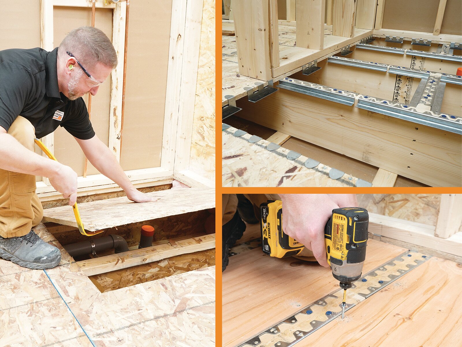 Curbless shower install: subfloor removed, Schluter Systems KERDI-SHOWER-FRS brackets set, then fastened to joists