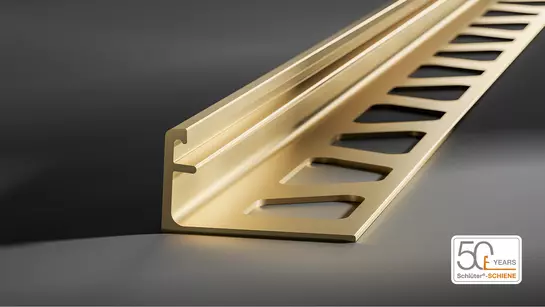 Aufnahme einer goldenen Schl&uuml;ter-SCHIENE vor einem dunklen Hintergrund.