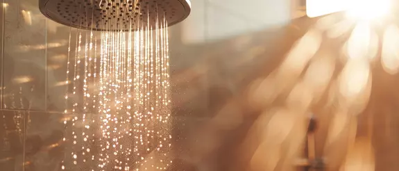 Un pommeau de douche &agrave; effet de pluie avec de l'eau qui coule dans un bain de vapeur inond&eacute; de lumi&egrave;re chaude