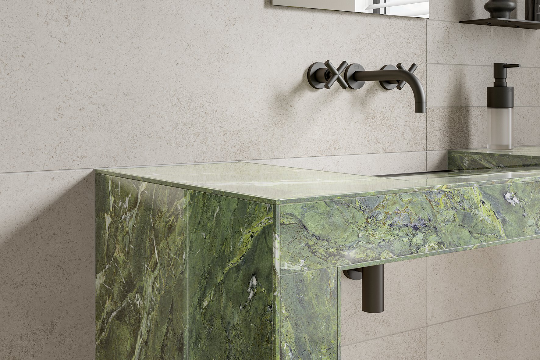 Lavabo carrel&eacute; marbr&eacute; vert avec profil&eacute;s de protection des chants assortis, imprim&eacute;s dans le design du carrelage