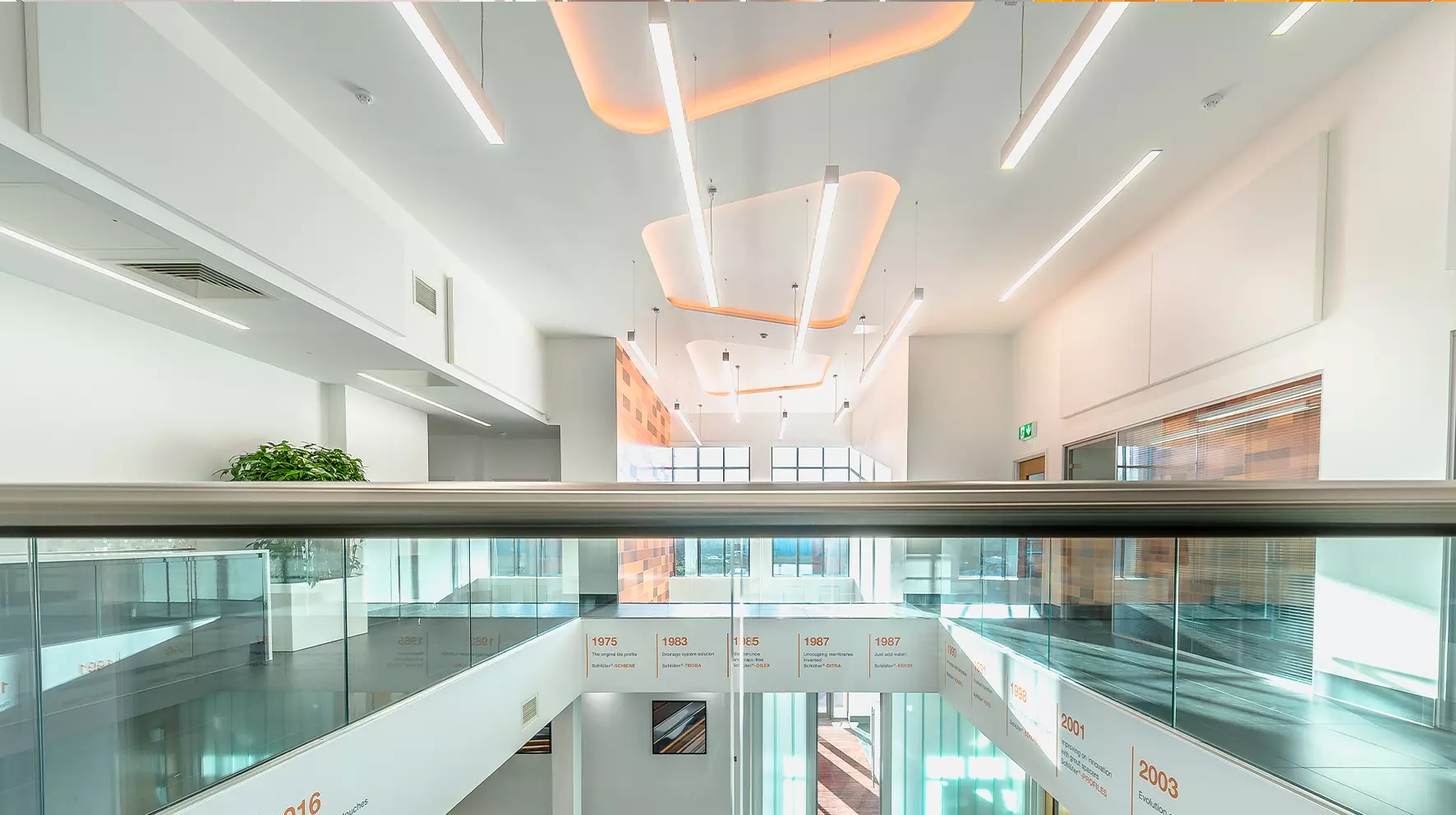 The atrium shows the upper and lower floors of Schl&uuml;ter-Systems Ltd and the Schl&uuml;ter trapezoid on the ceiling