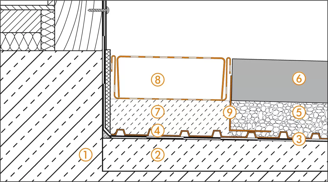 Schl&uuml;ter-Systems section drawing of the door transition for balcony assembly A.8 Unbonded installation over TROBA in gravel or crushed stone
