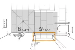 Plan d'une salle de bains accessible aux fauteuils roulants avec seuil de porte mis en &eacute;vidence