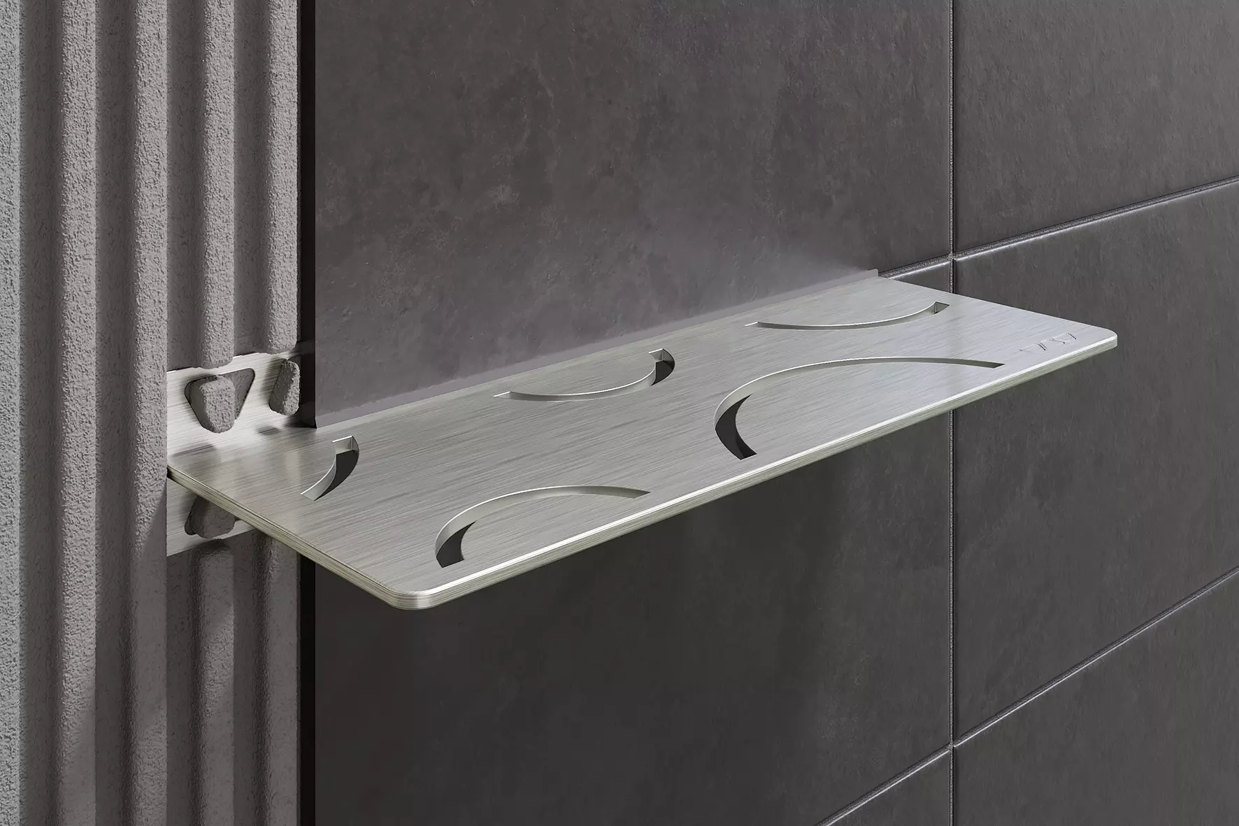 Schl&uuml;ter-SHELF-W-S1 es un estante de ducha rectangular que se instala en la trama de juntas durante el proceso de alicatado de la cer&aacute;mica.